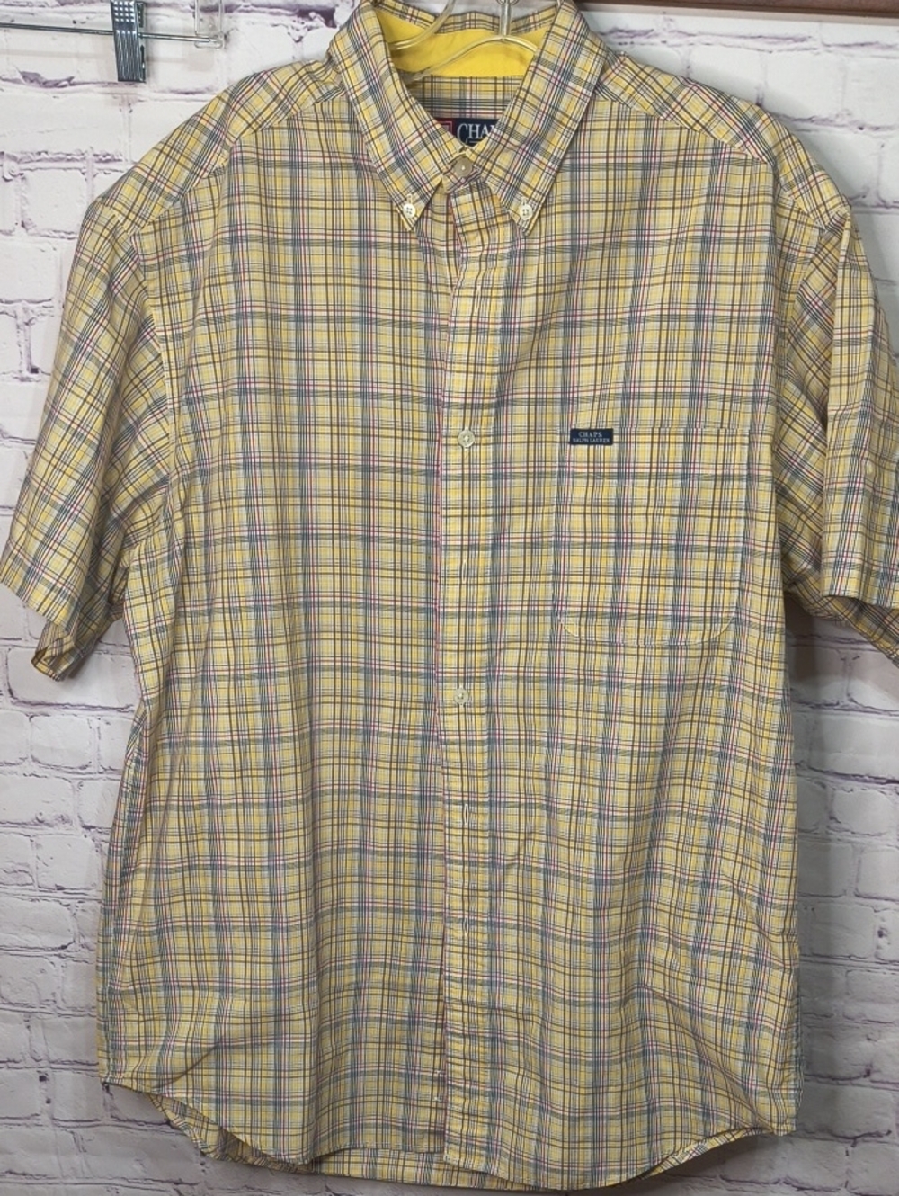 Chaps Ralph Lauren Yellow Plaid Short Sleeve Button-Down Shirt Size L/G AU